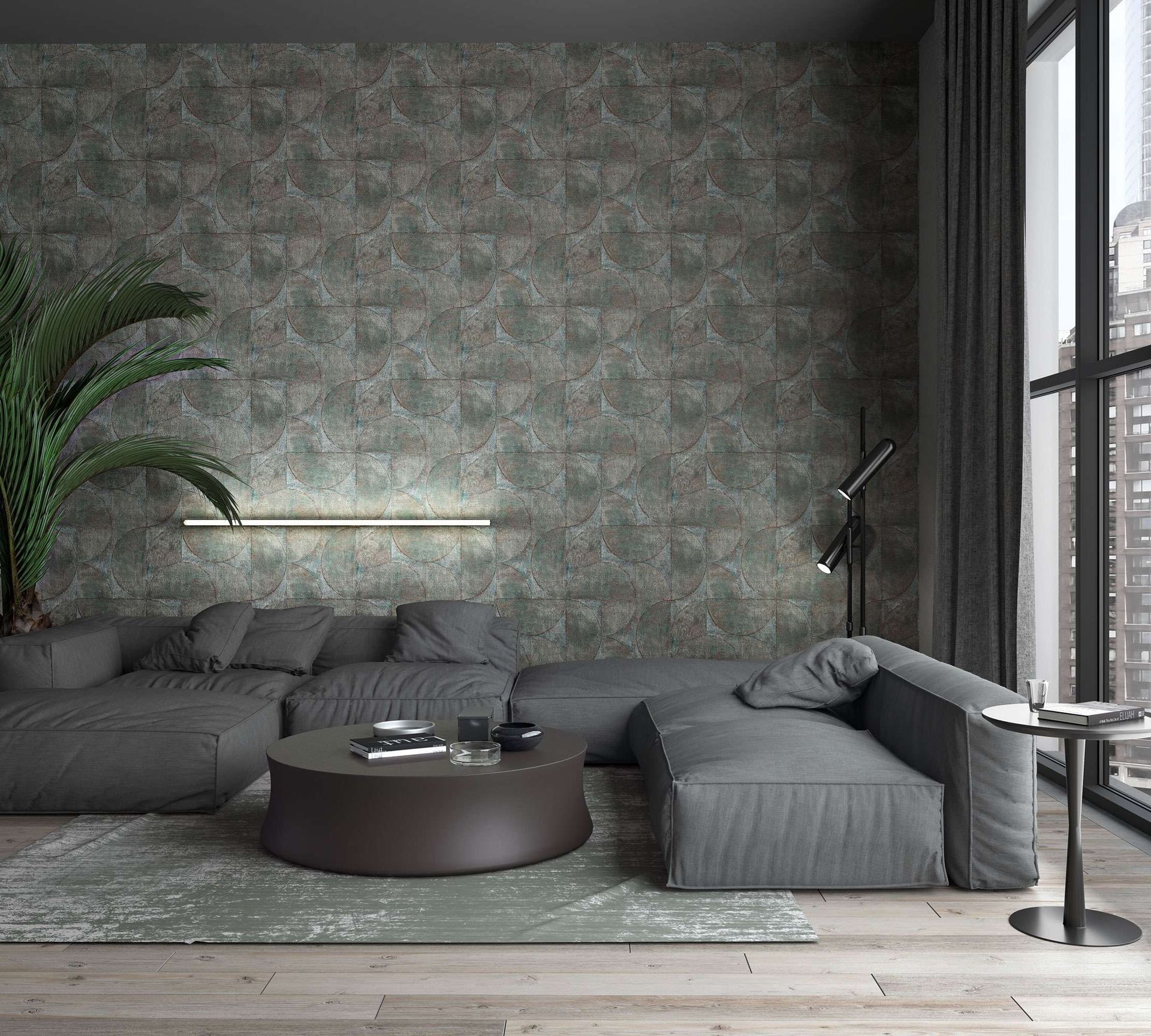 Wohnzimmer in dunklen Farben mit stilvoller Wandbemalung